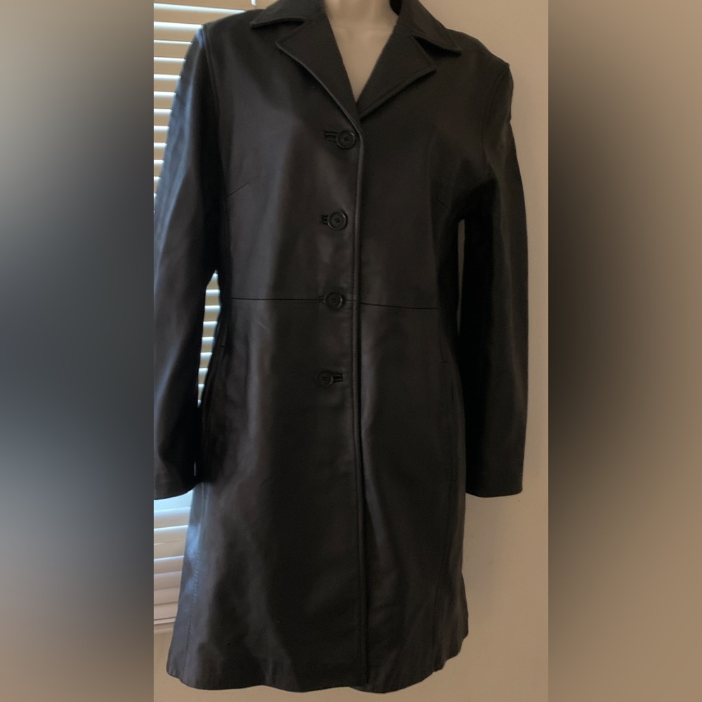 Ladies London Fog New Black long leather coat.